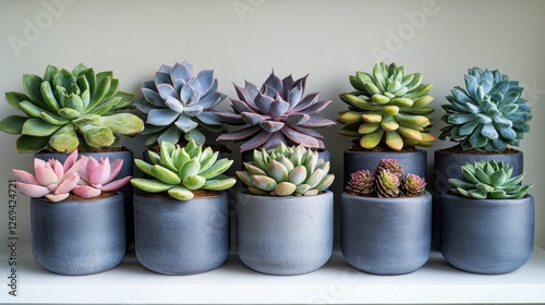 Arrangement of colorful succulent plants in white pots on a shelf