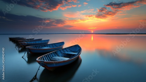 Breathtaking sunset view over calm waters with traditional boats lined up on ...
