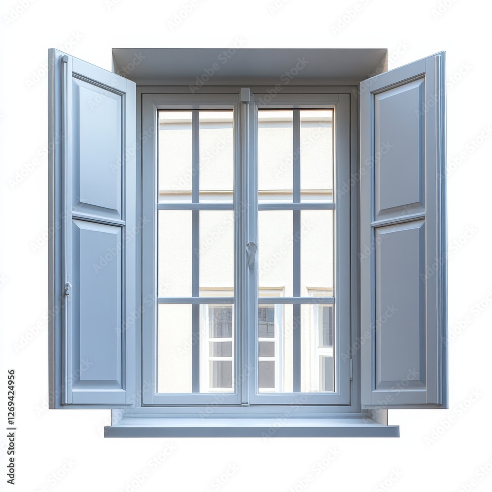 A blue window with opened shutters, showcasing a simple design and a clear view of the wall outside, set against a white background. A blue window with opened shutters, showcasing a simple design and a clear view of the wall outside, set against a white background.