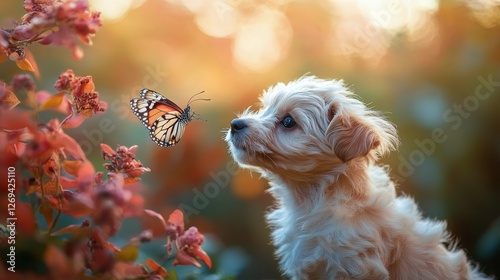 Puppy and butterfly enjoy a moment in a flower-filled garden during sunset