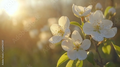 Blossoming cherry flowers illuminated by soft sunset light in a serene garden...