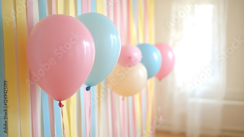 Colorful balloons decorated with ribbons for a cheerful celebration in a part...