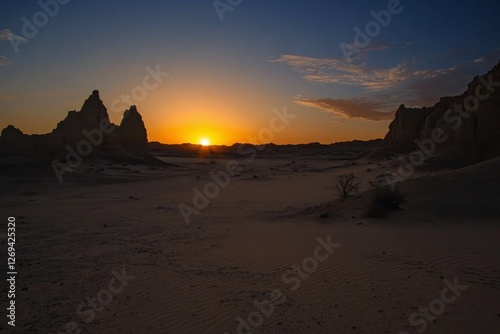 Sunset over rock formations in a desert landscape with silhouettes and a warm...
