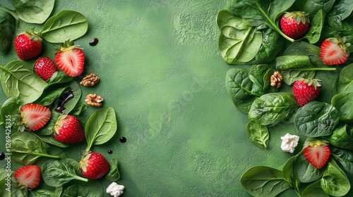 Fresh spinach salad topped with strawberries and walnuts served in a bowl on ...