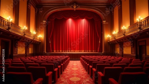 A majestic theater awaits its audience, its crimson velvet curtain poised, ready to unveil a captivating performance within the opulent confines of its grand hall.