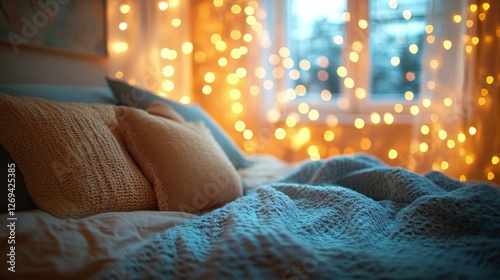 Cozy living room decorated with warm lights and soft pillows during winter ev...