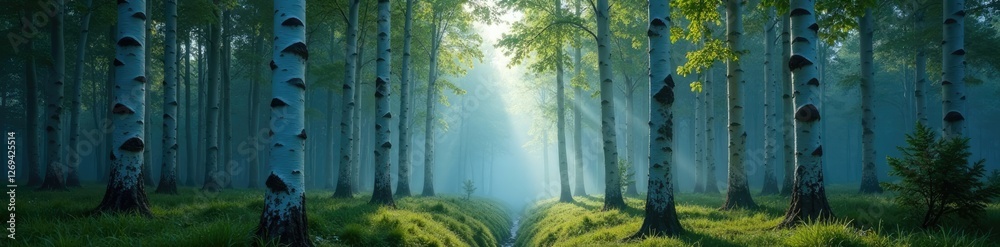 Obraz premium Dense white birch tree forest with a misty atmosphere, shadowy forest, , mystical forest