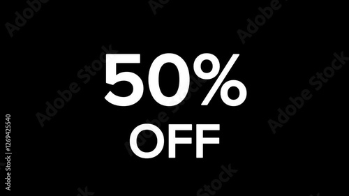 White 50% off sale text on black background