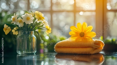 Relaxing spa setup with fresh flowers and a towel on a sunny day