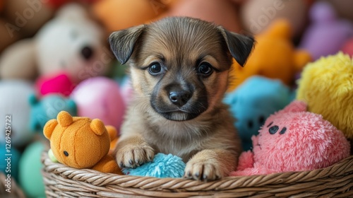 Cute puppy surrounded by colorful plush toys in a cozy basket