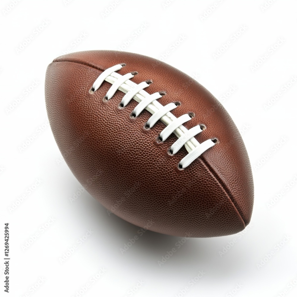 A close-up view of a brown American football with white laces, displayed on a white background, highlighting its textured surface and details. A close-up view of a brown American football with white laces, displayed on a white background, highlighting its textured surface and details.