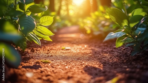 Serene forest pathway illuminated by golden sunlight in the early evening