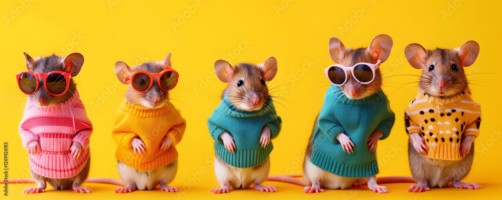 Naklejka premium Fashionable mice lineup against yellow background