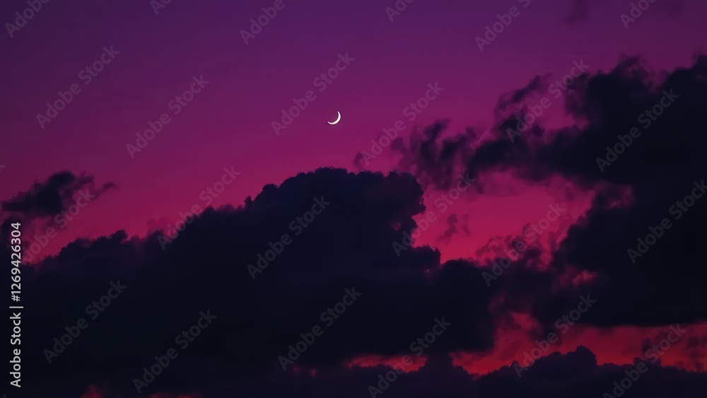 Fototapeta premium Dark purple misty clouds drift across a serene twilight sky with a subtle crescent moon, cloud formations, twilight