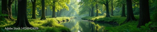 Trees of Norfolk forest with cormorants resting, natural, greenery