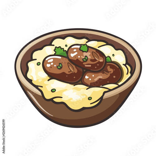 Bangers and mash, 2D flat vector illustration, isolated on a white background.

