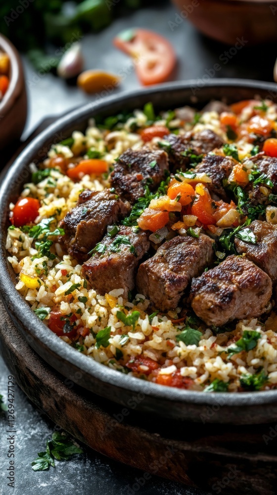 A culinary masterpiece featuring kabsa with juicy grilled meat, complemented by a colorful tabbouleh salad and creamy hummus, showcases rich Middle Eastern flavors and fresh ingredients A culinary masterpiece featuring kabsa with juicy grilled meat, complemented by a colorful tabbouleh salad and creamy hummus, showcases rich Middle Eastern flavors and fresh ingredients