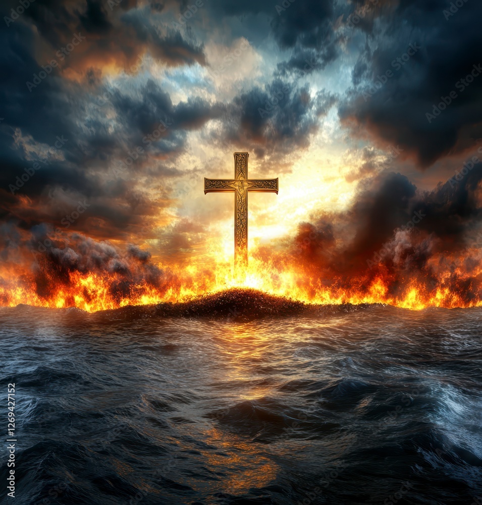 A golden cross stands on a small island surrounded by flames, set against a dramatic sunset and stormy sky. The cross is the central focus, radiating A golden cross stands on a small island surrounded by flames, set against a dramatic sunset and stormy sky. The cross is the central focus, radiating