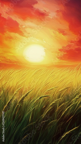 Vibrant sunset over golden fields with tall grass swaying gently in the eveni...