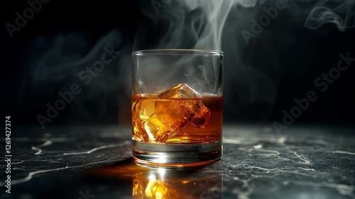A crystal whiskey glass filled with amber liquid rests on a polished black marble surface, exuding sophistication and warmth.