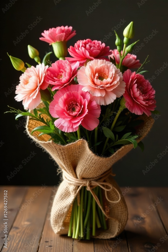 Fototapeta premium Burlap wrapped carnation bouquet on a wooden table, flowers, burlap