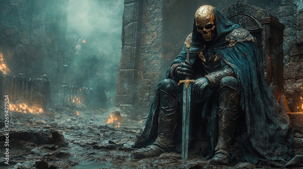 A Skull Faced Knight Sits Upon a Throne in Ruins A Skull Faced Knight Sits Upon a Throne in Ruins
