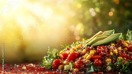 Vibrant avocado and veggies on a bright yellow background highlight fresh pro...