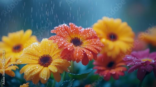 Colorful flowers drenched in rain with vibrant petals in a garden setting
