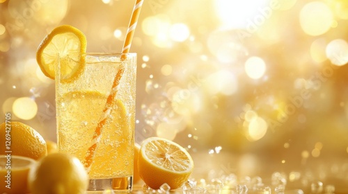 Refreshing lemonade with lemon slices against bright background on a sunny day