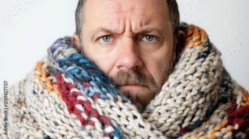 A man wrapped in knit scarves looks unwell, embodying the struggle against a cold. photo