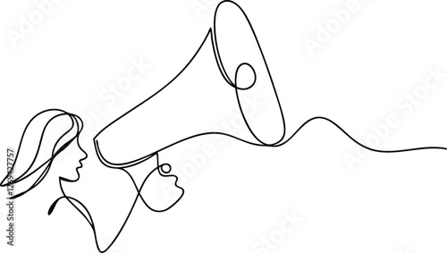 Womans Voice Amplified OneLine Art, Loudspeaker, Message, Communication, Announcement, Public Addres