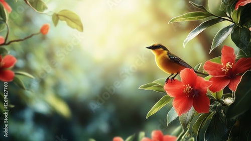 Bright yellow bird perched on vibrant red flowers in a lush garden during gol...