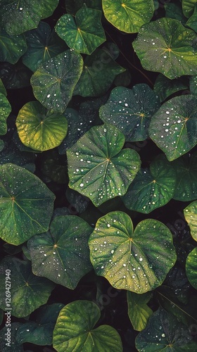 Fresh green cilantro leaves glistening with raindrops in garden close-up