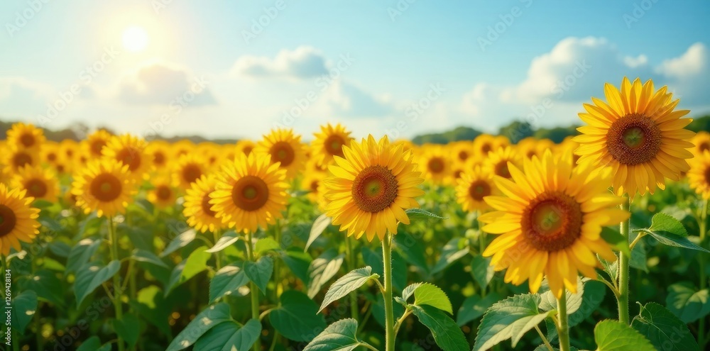 A field of bright orange sunflowers towering above the ground, colorful, green A field of bright orange sunflowers towering above the ground, colorful, green