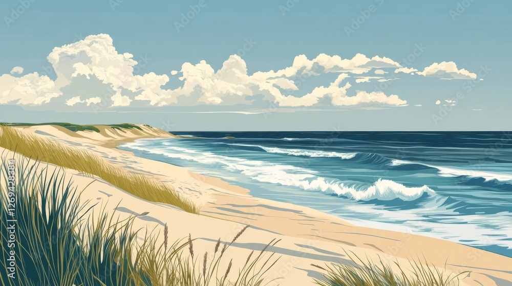 Vibrant beach landscape with rolling waves and picturesque sky at midday Vibrant beach landscape with rolling waves and picturesque sky at midday