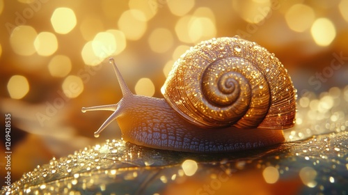 Golden snail glistens in sunlight on a leaf, surrounded by sparkling drops of...
