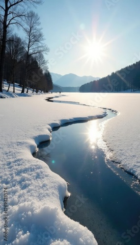 A frozen lake slowly thawing in the warm sunlight, light, spring