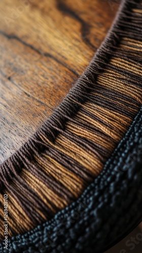 Detailed view of woven textile design on a wooden surface in natural light du...