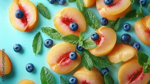 Fresh fruit salad with mint on a rustic wooden table