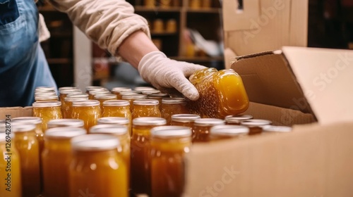 Worker packs jars of honey in a storage facility during the daylight hours of autumn