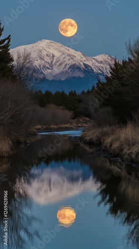 Stunning full moon rises over a tranquil lake surrounded by tall evergreen tr...