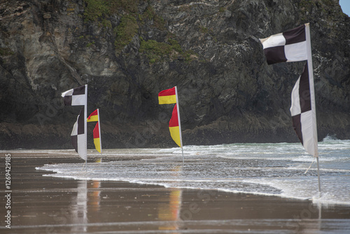 Canvas Print Flags on the beach for swimming and surfing in Cornwall U.K.