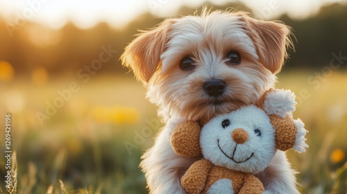Adorable puppy holding teddy bear in a golden field at sunset
