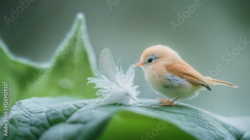 Small bird perched on green leaves with a single feather floating nearby duri...