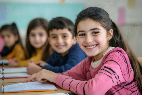 Smiling students in a classroom, working on schoolwork, with one girl prominently featured