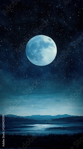 Bright full moon illuminating a tranquil landscape with stars in a night sky