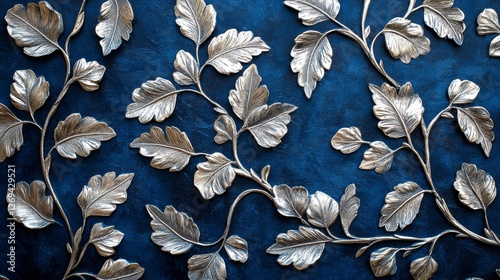 Elegant leaf patterns on a blue background create a stunning decorative effec...