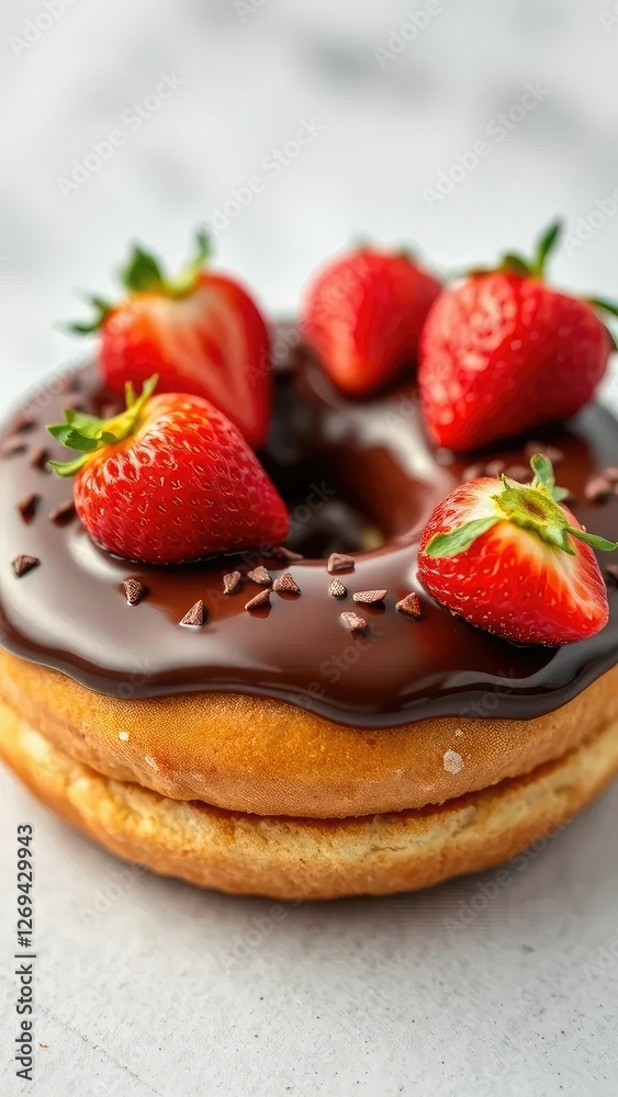 A delicious-looking donut with rich chocolate icing and fresh strawberries, treats, indulgent A delicious-looking donut with rich chocolate icing and fresh strawberries, treats, indulgent