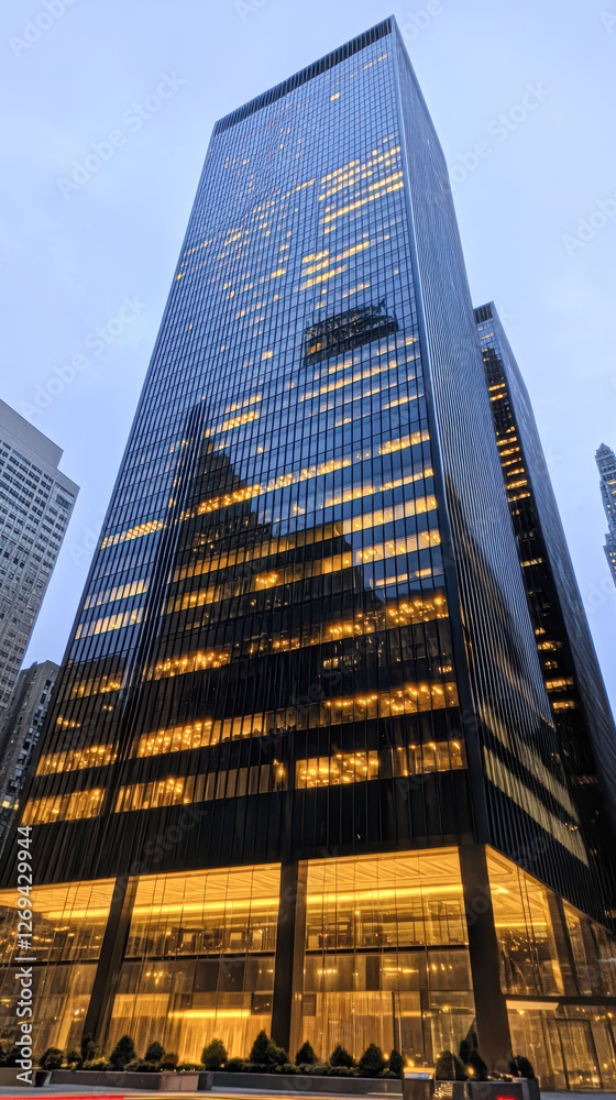 Fototapeta premium Evening wide angle photography of modern urban skyscraper architecture
