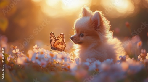 Puppy and butterfly enjoy a moment in a flower-filled garden during sunset